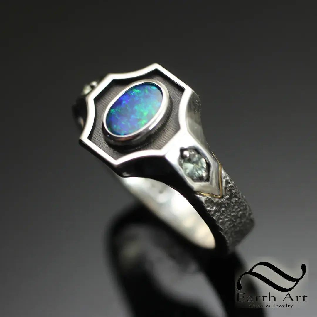Rustic Opal Ring with sapphires - Sterling and Gold