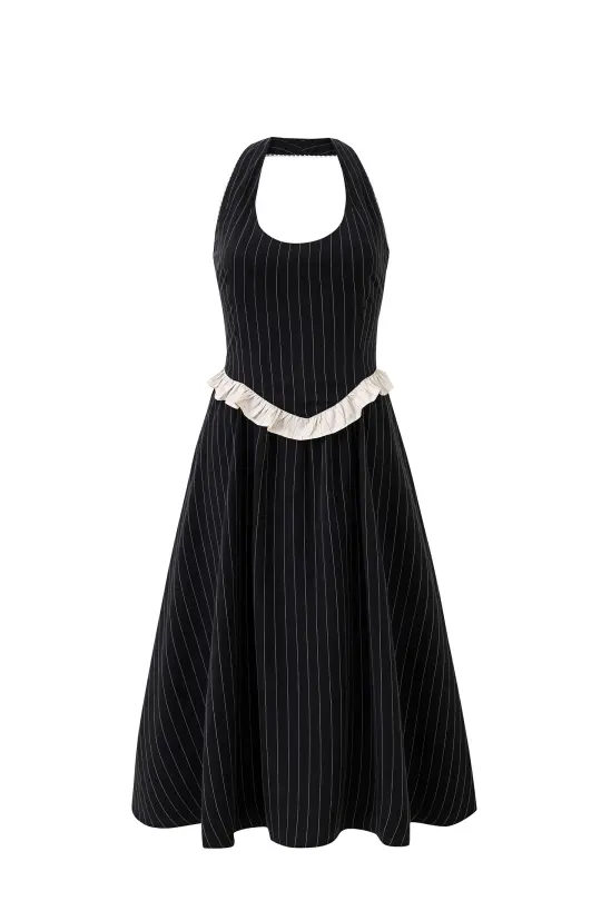 Tencel Stripe Halter Midi Dress Black