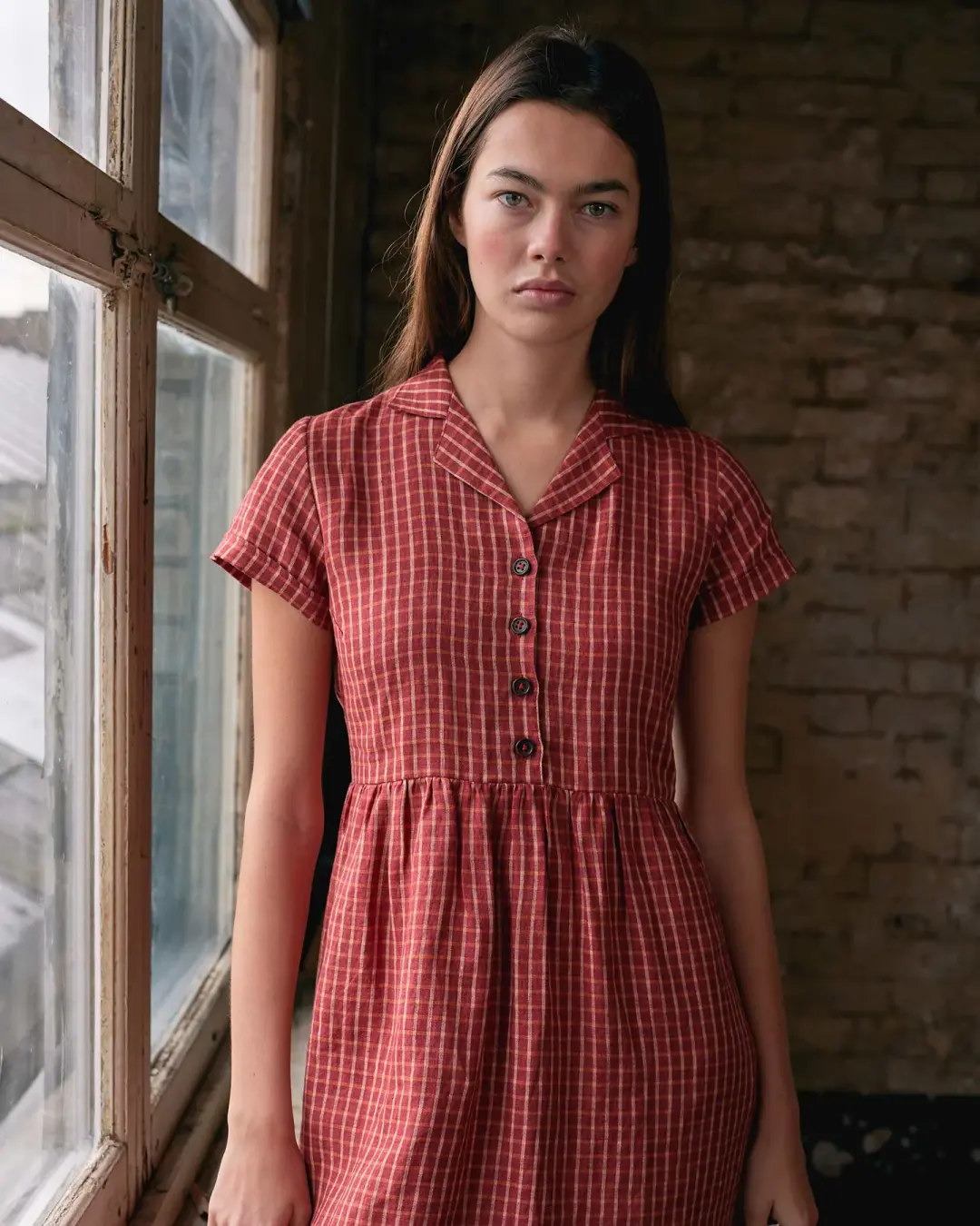 No.30 Collared Linen Dress in Pomodoro Plaid