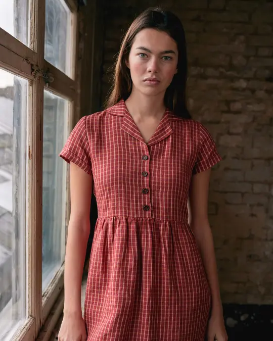 No.30 Collared Linen Dress in Pomodoro Plaid
