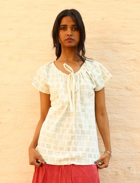 Drawstring Collar Simplicity BLOCK PRINTED Shirt