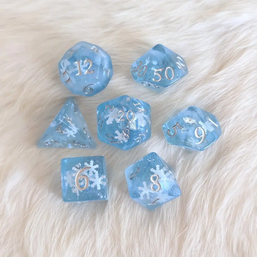 Snowfall Dice Set – 7 or 11-Piece Glacial Blue Winter DnD Dice | Fennek & Finch