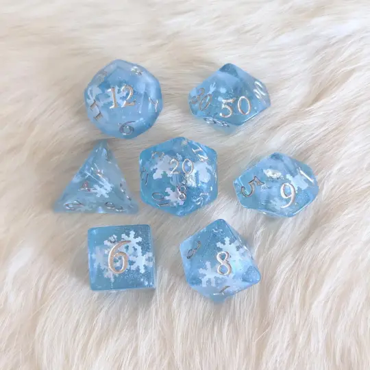 Snowfall Dice Set – 7 or 11-Piece Glacial Blue Winter DnD Dice | Fennek & Finch
