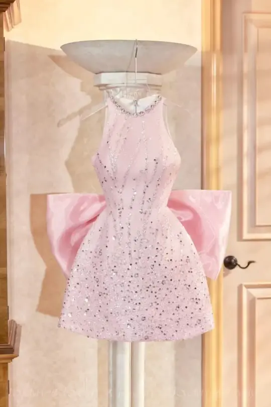 Pink sequined sleeveless slim waist A-line short skirt homecoming dress R4131