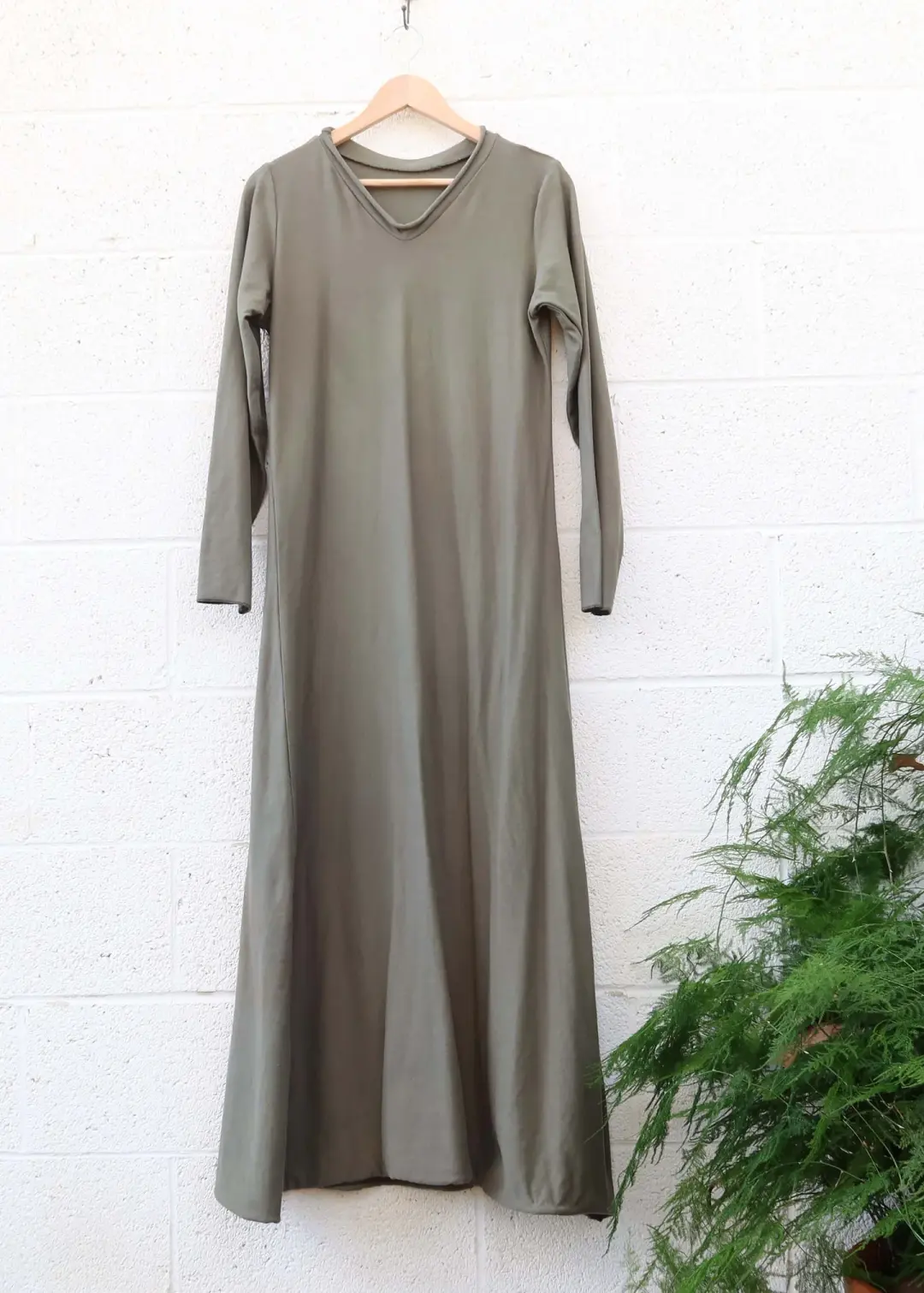 SALE - V-Neck Simplicity Long Dress  / Large / Olive / Stretch Organic Cotton (60)