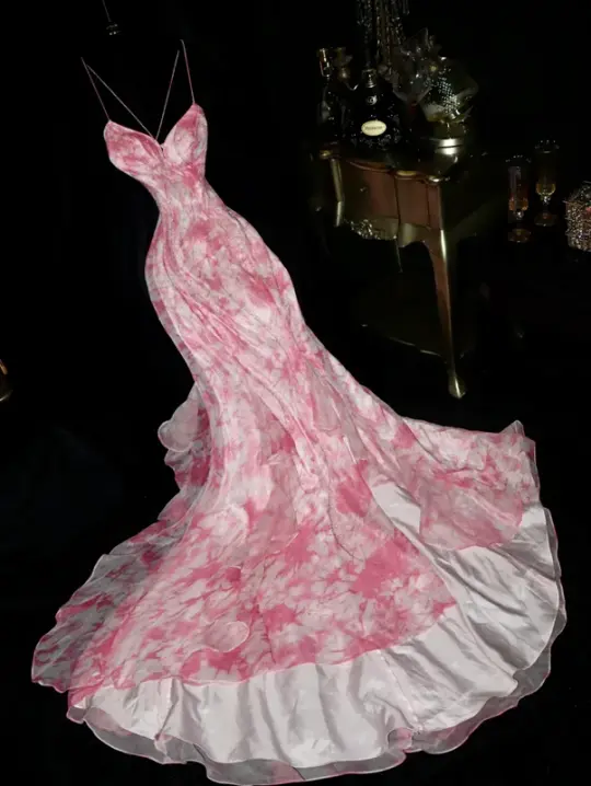 Pink floral print halter top, fitted waist, elegant long ball gown R6988