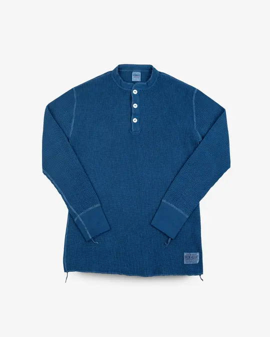 Waffle Knit Long Sleeved Thermal Henley - Indigo Dyed