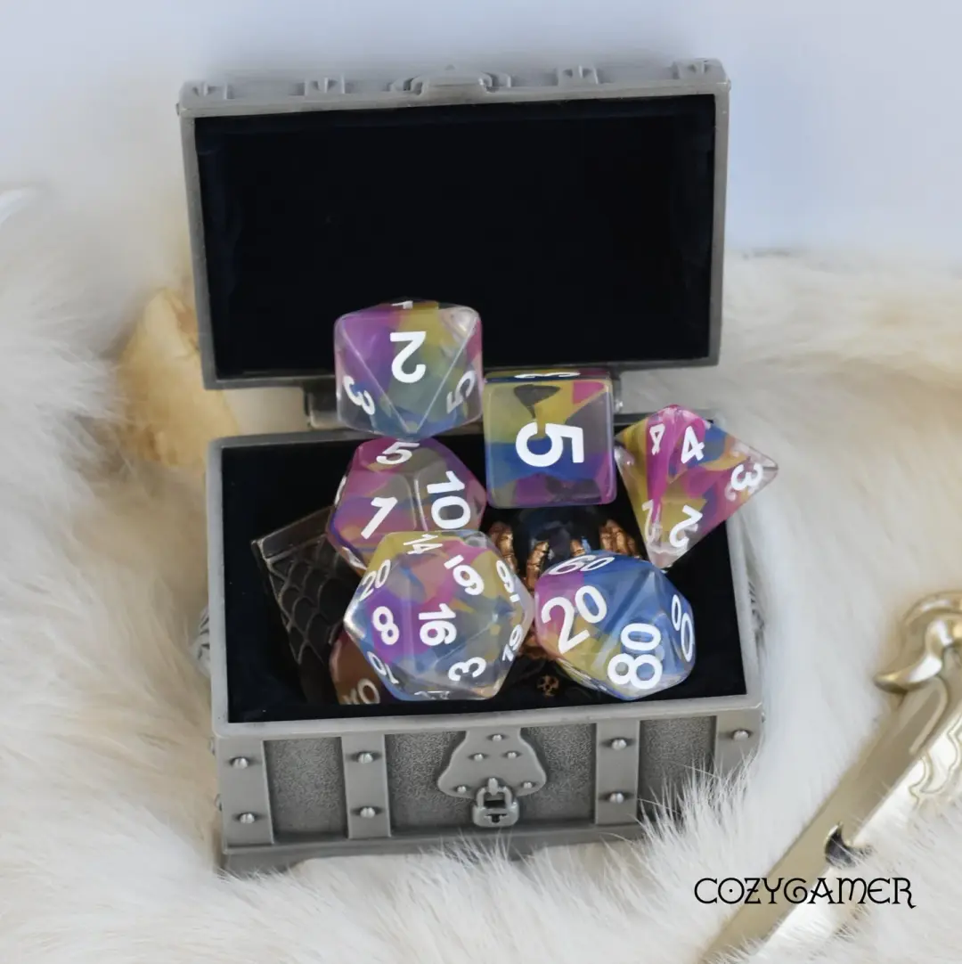Color Spray Dice Set. Clear Resin with Colorful Shavings