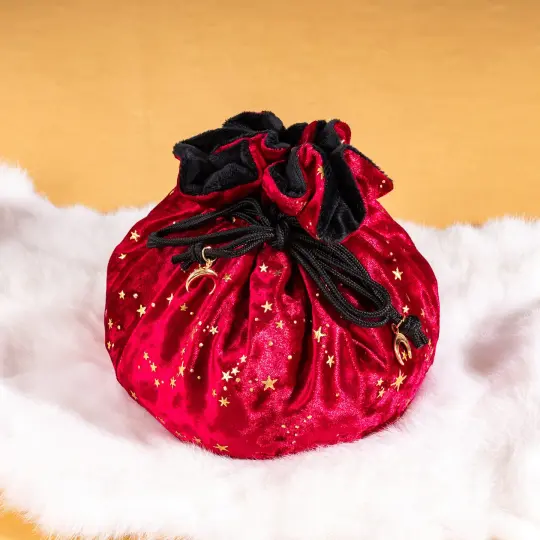 Starry Red and Black Dice Bag – Multi-Pocket Velvet Pouch with Moon Charms