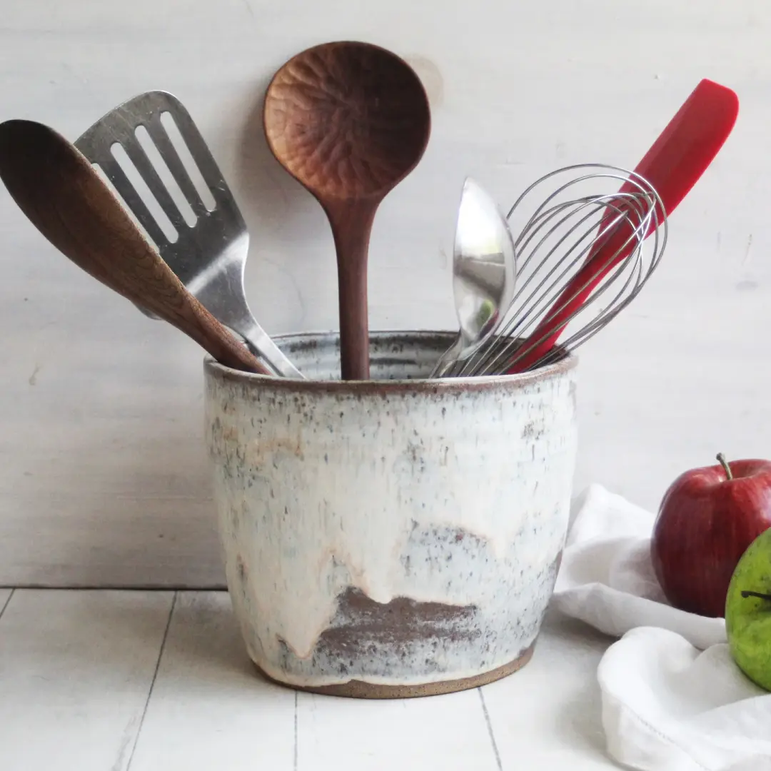 Gorgeous Rustic Utensil Holder in Speckled Brown Clay and Toasted Marshmallow Glaze, Made in USA
