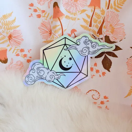 Dreamy Holographic Sticker – 4.25" x 2" D20 Crescent Moon Clouds Vinyl Decal