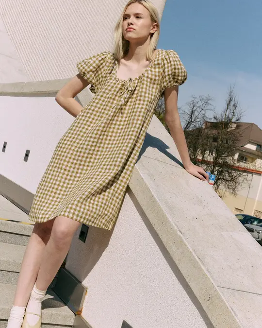 MARI puff sleeve mini linen dress