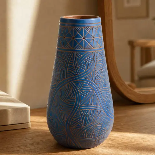 Zinapécuaro Hand-Carved Blue Dancing Geometric Vase