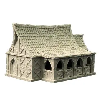 An unpainted, grey 3D-printed tabletop miniature of a medieval fantasy stable. The structure features an enclosed section on the left with half-timbered walls and an arched wooden door. Extending to the right is a covered stable area containing four distinct animal stalls, each framed by wooden archways and enclosed by a low wooden half-gate with cross-bracing. A large, textured wood-shingled roof covers the entire building, sloping down over the open stalls. Isolated on a white background.