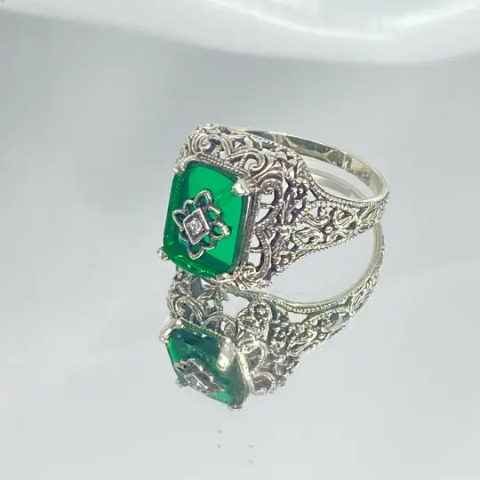 Emerald Embellished Autumn Ring, Size 10, Rectangle Gem with Moissanite inset gem, Vintage Jewelry #D200e - Ready to Ship