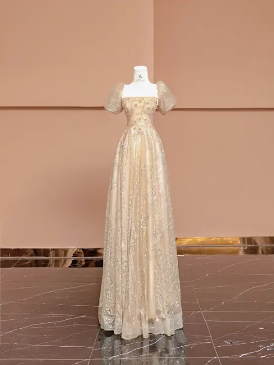 Apricot square neck fitted waist long ball gown R8410