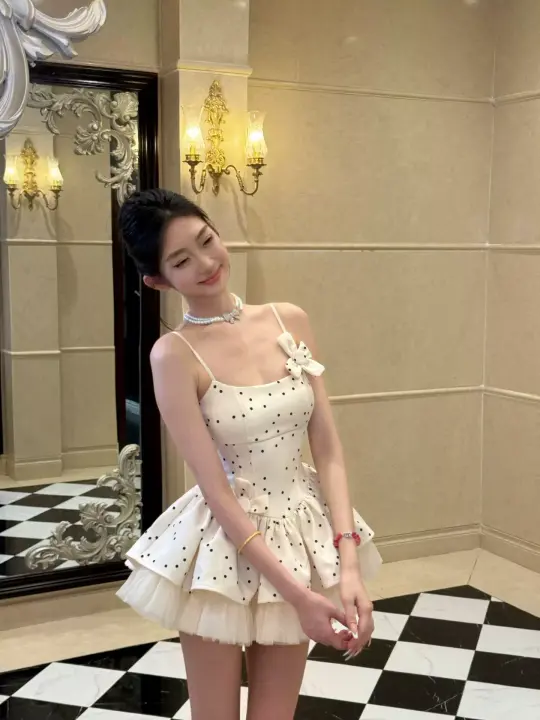 French-style polka dot fitted mesh princess dress R9073