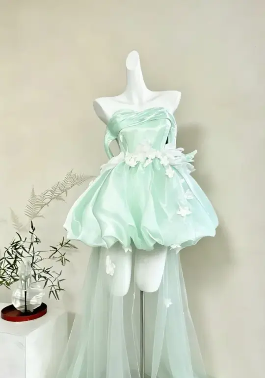 Pretty Mint Green Silky Homecoming Dress ,A-Line Strapless Applique Corset Short Prom Dress RS1173