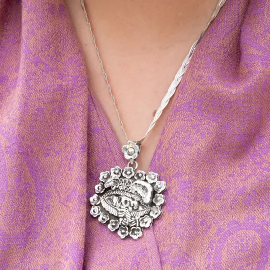Sterling Silver Calavera Garbancera La Catrina Pendant