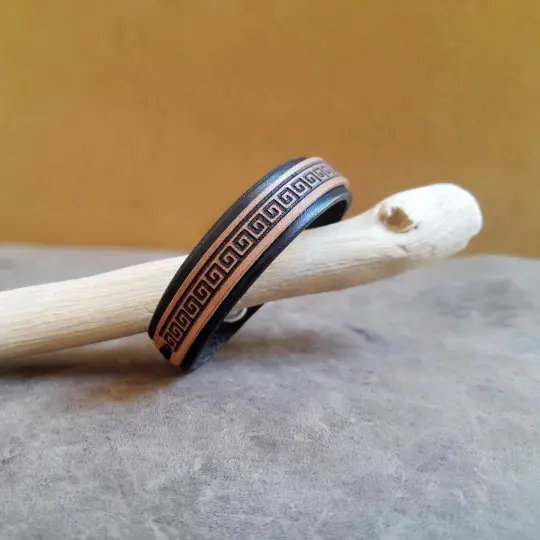 Minimalist Meander Black Leather Bracelet | Greek Symbol of Eternity