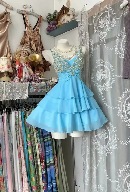 Light Blue Spaghetti Strap Waist-Cinched Sexy Short-Length Ball Gown R7419