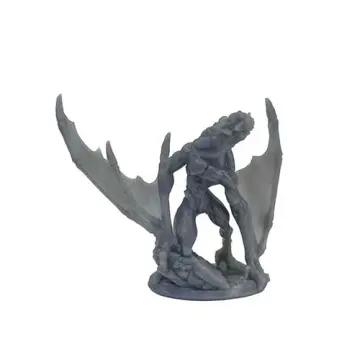 A photograph of an unpainted, 3D-printed grey resin miniature of a monstrous creature known as a shrieker. It has a heavily muscled humanoid torso with large, bat-like wings functioning as its front limbs, perched upright on a rocky base.