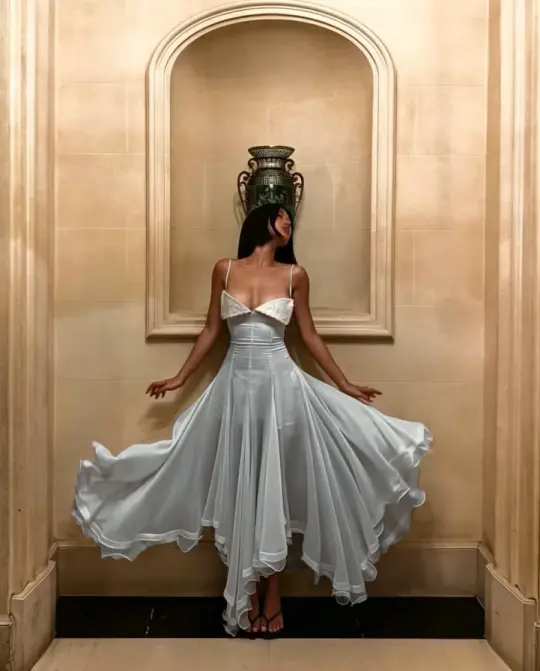 Flowy Chiffon Spaghetti Straps Prom Gown Sliver Women's Corset Maxi Evening Dress Birthday Dress RS2902
