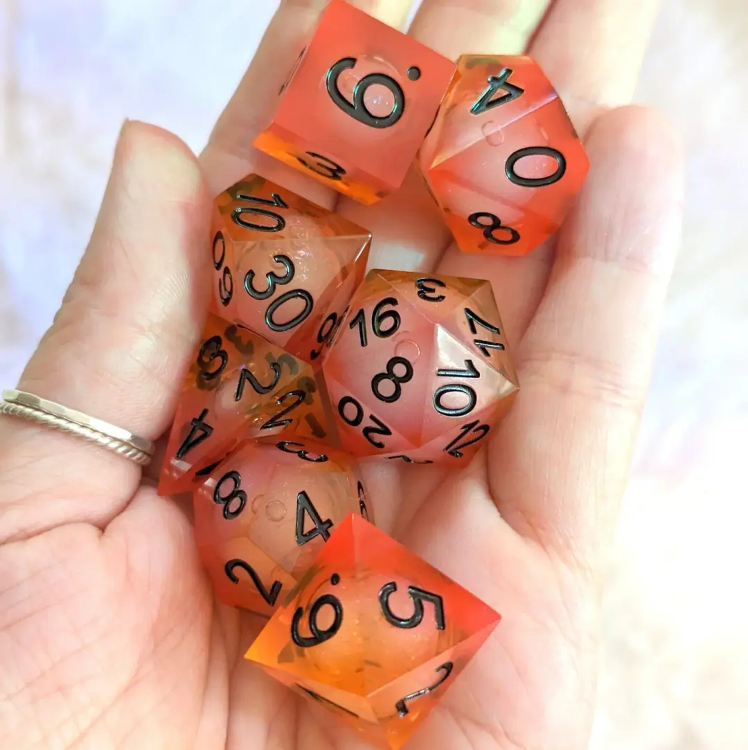 Liquid Fire Dice Set | Red and Orange Liquid Core Sharp Edge DnD Dice | Fennek & Finch