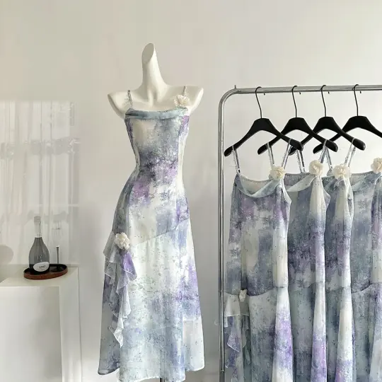 Irregular sling print slim fishtail long skirt R2177