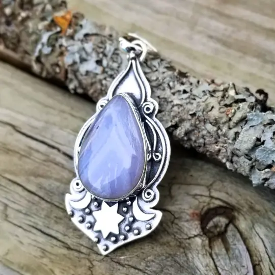 Romany Boho - Blue Lace Agate Pendant in Sterling