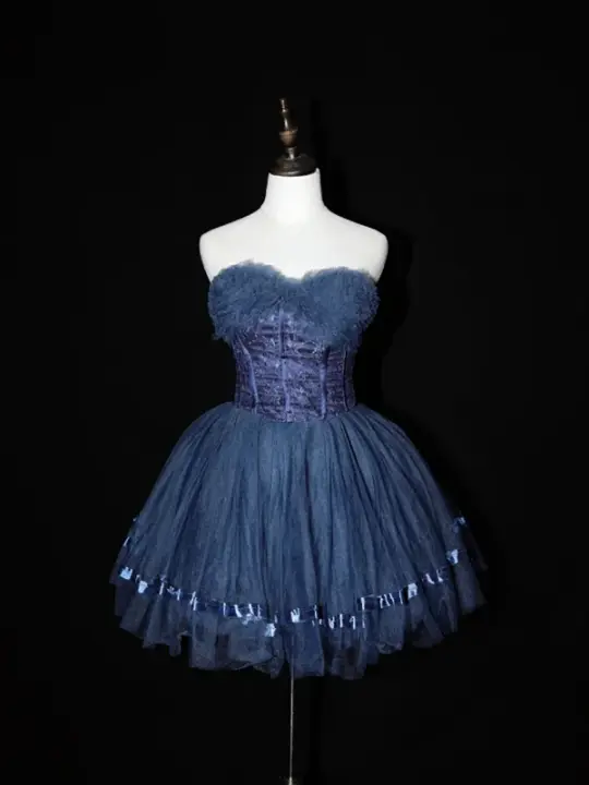 Navy blue strapless short ball gown with a cinched waist; bridal gown R7292