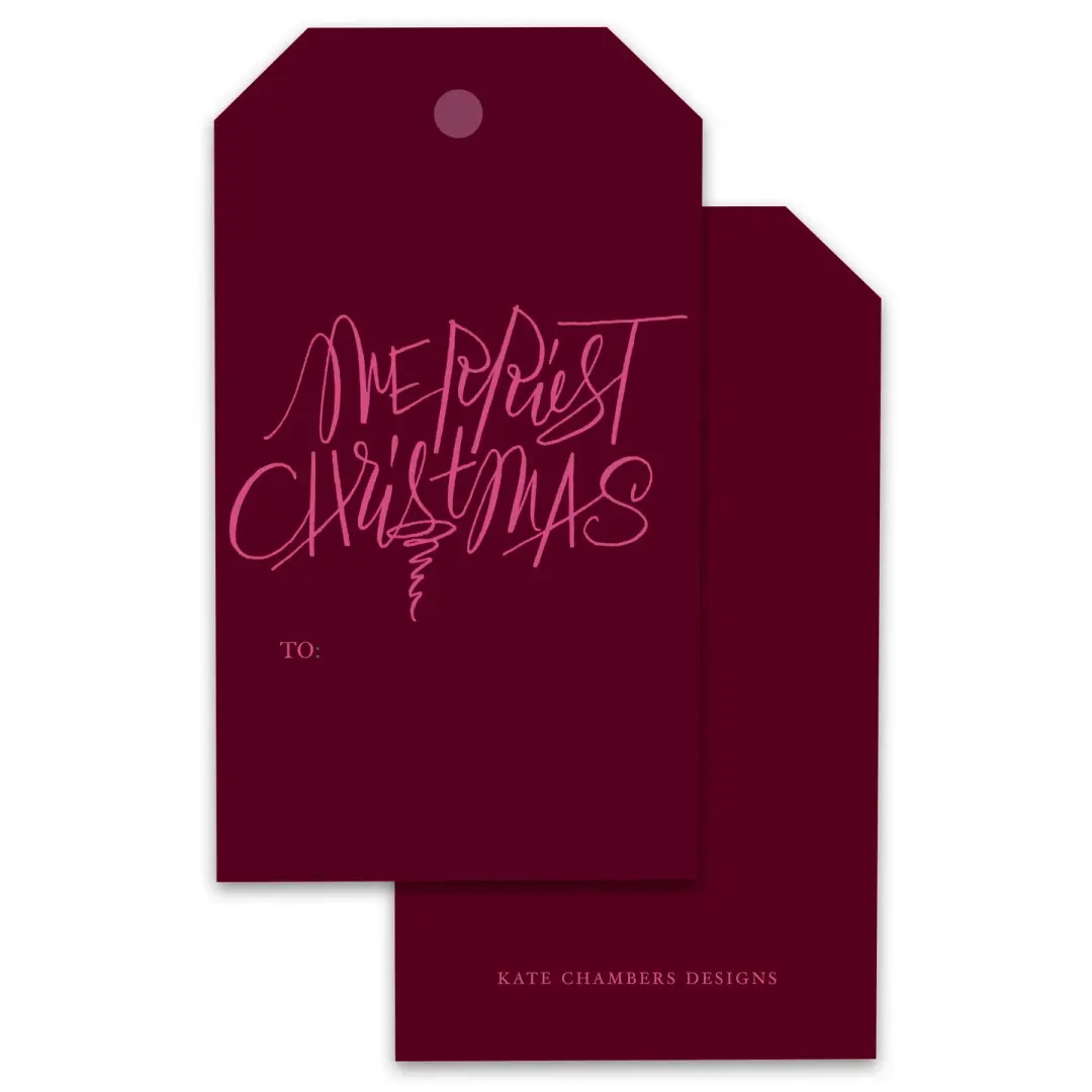 Burgundy and Pink Merriest Christmas Holiday Gift Tags, Set of 12