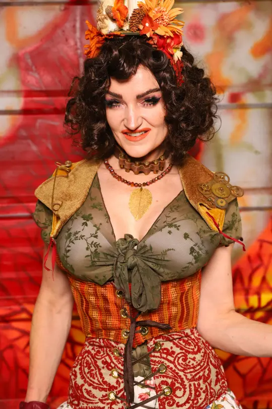 07. Cropped Underbust Corset in Fall Leaves Stripe w/Winchester Collar in Goldenrod Patchwork - The Fall Fabulosity! Collection