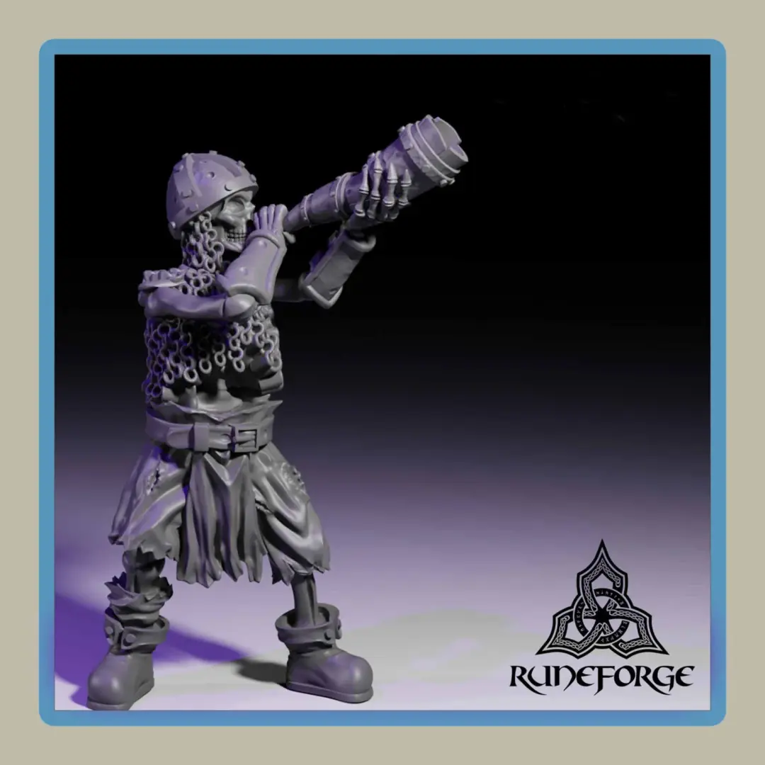render of 28mm miniature undead armored skeleton with horn