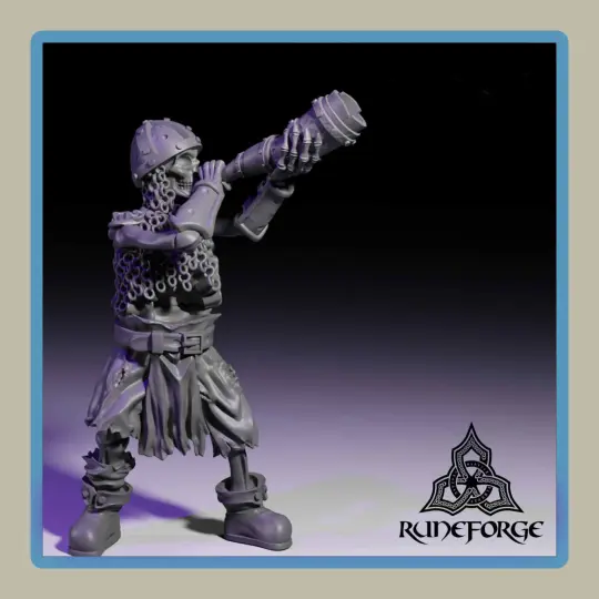 render of 28mm miniature undead armored skeleton with horn