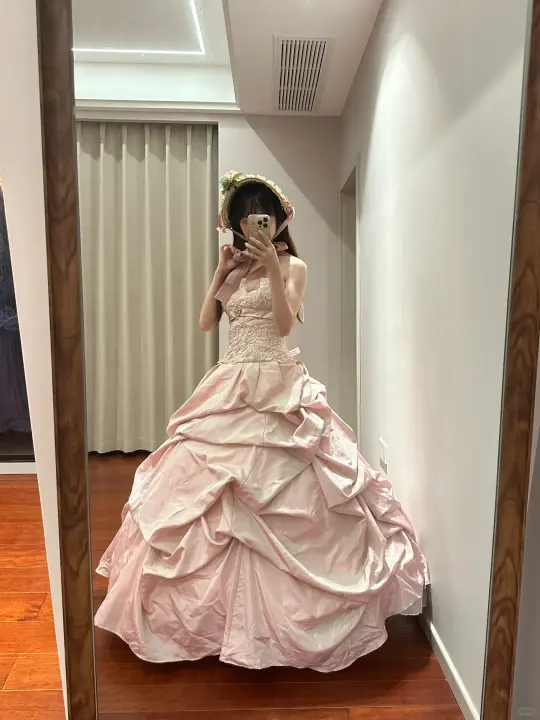 Light pink strapless, fitted waist, full skirt, long ball gown, bridal dress R8839