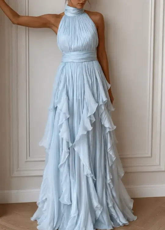 Elegant Pale Blue Ruffled A-Line Halter Chiffon Maxi Summer Dress Prom Dress RS596