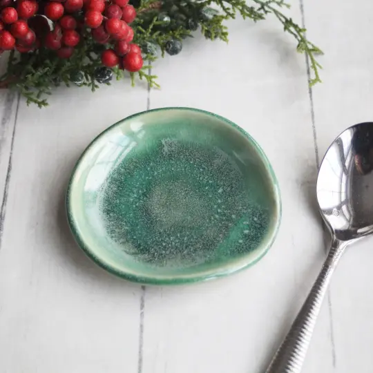 Small Spoon Rest, Shimmering Green Glaze, Coffee Station Dish, Made in USA