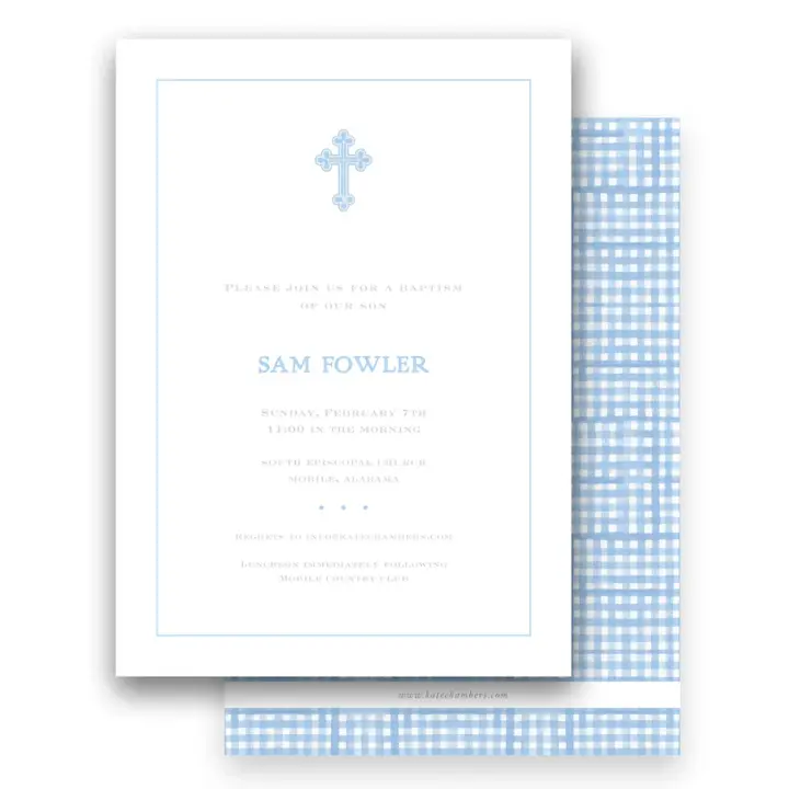 Blue Classic Cross with Watercolor Gingham Baptism Invitation