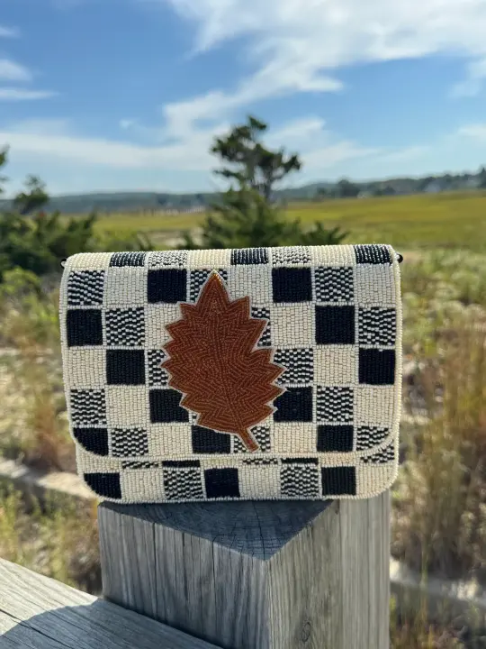Gingham Leaf Beaded Cross Body Bag
