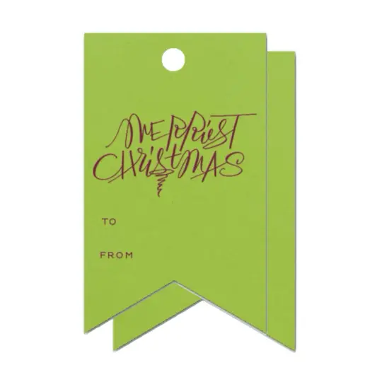 "Merriest Christmas" Burgundy on Lime Green Foil Holiday Square Gift Tags, Set of 15
