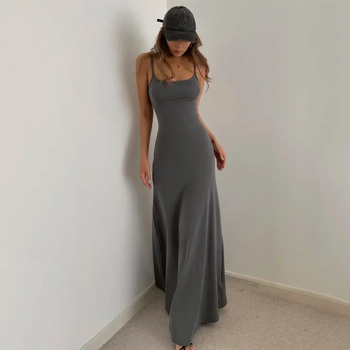 Simple temperament suspender long skirt super A figure waistline sexy hot girl dress R3030