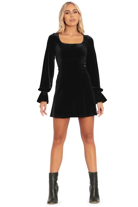 Velvet Black Squared Up Bishop A Line Dress