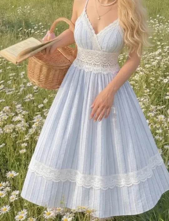 Hazy Pale Blue Prom Gown , Striped Lace Trim Corset Midi Summer Dress RS1503