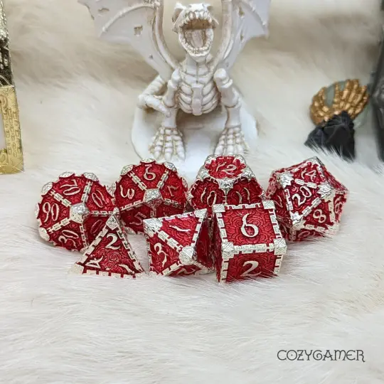 Cloud Dagger Metal Dice Set – 7-Piece Red Silver DnD Dice