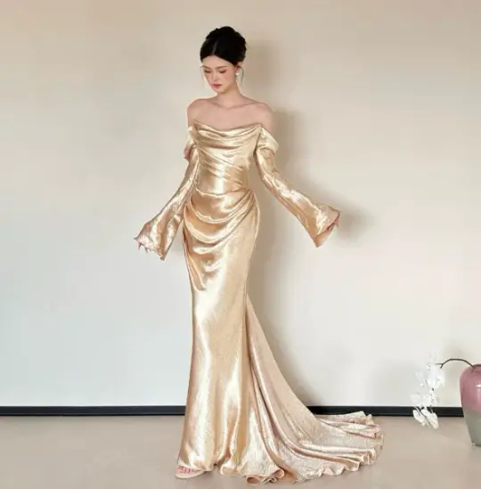 Golden Gorgeous Prom Dress ,Mermaid Strapless Silky Bodycon Maxi Evening Dress RS1188