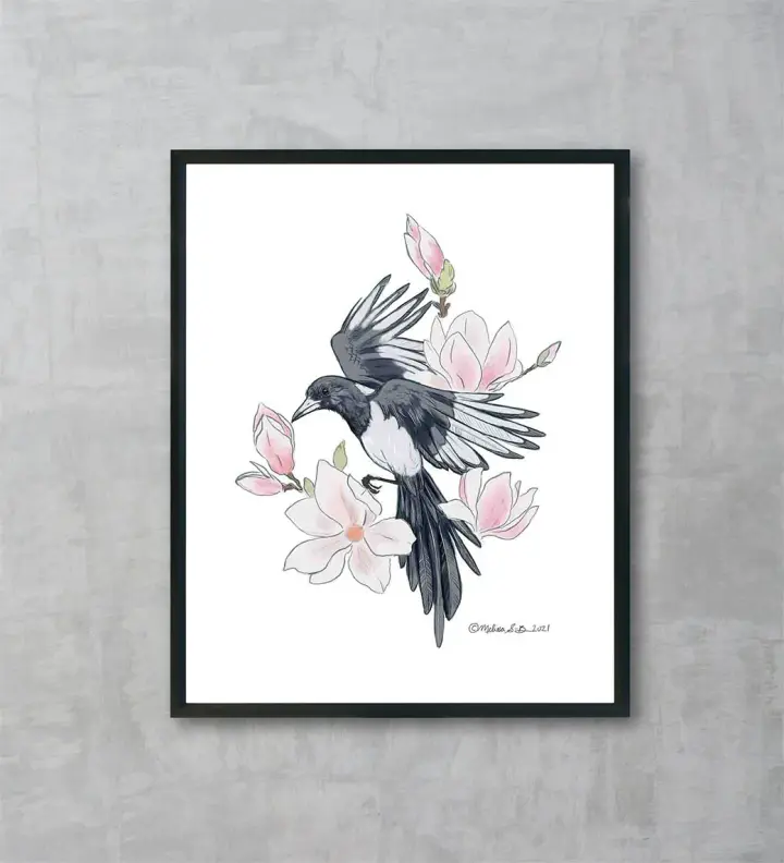 Magpie and Magnolia Flowers Fine Art Print