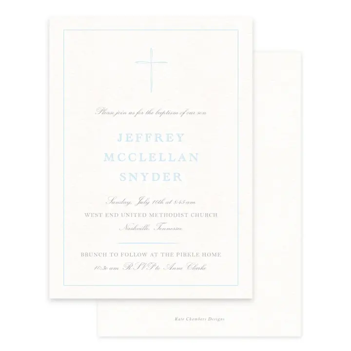 Baby Blue Brush Cross Baptism Invitation