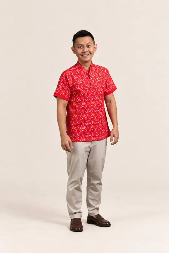 Men's Mandarin-collared Polo Tee - Red Floral Bamboo