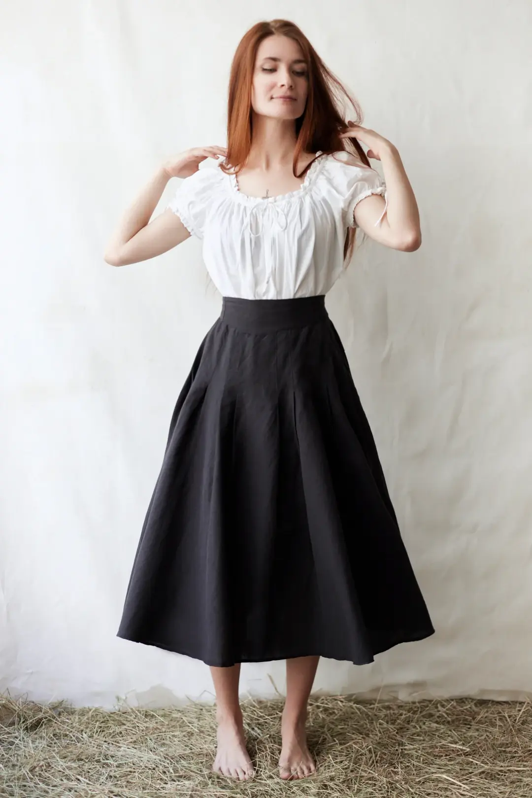 Jupe 'Vineta' midi en lin noir